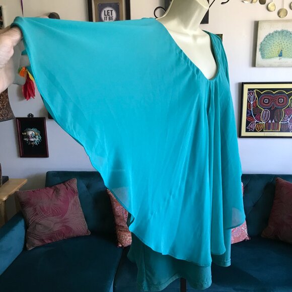 AVENUE size 22 / 24 Turquoise Stretch Jersey Chiffon Overlay Layered Tunic - Picture 3 of 7